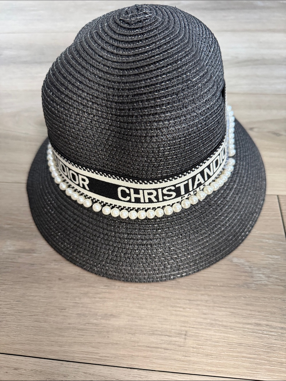 Christian Dior Black Straw Bucket Hat with Branded Jacquard Band and Pearl Trim